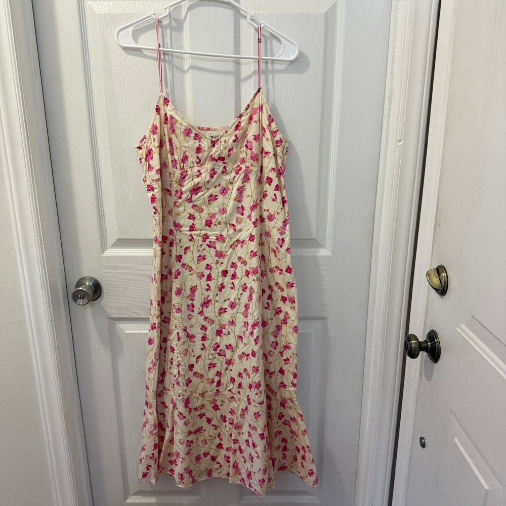 Tommy Hilfiger Sz 14 Cream Pink Floral Poppy Slip Sun‎ Dress Fit Flare Midi